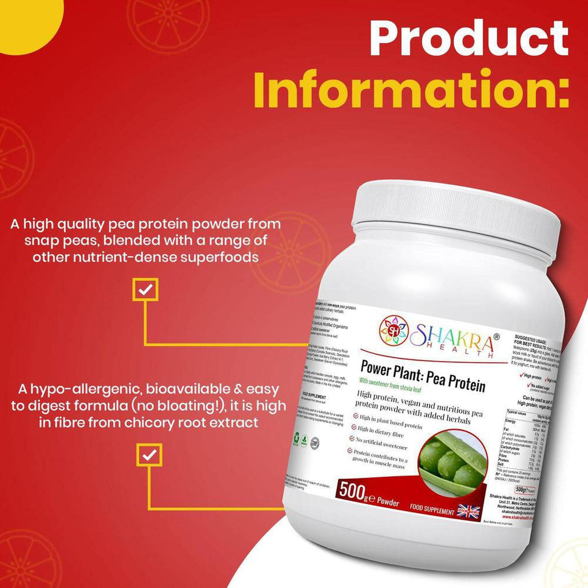 White 500g pouch of Shakra Health Power Plant pea protein powder featuring green pea graphics and nutritional information.