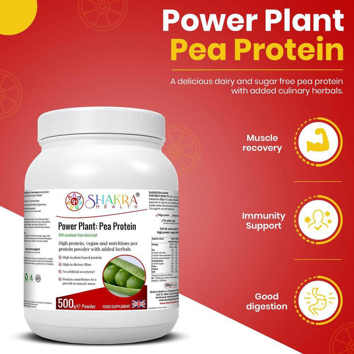 Shakra Health Power Plant pea protein tub with white label, green pea imagery, and red background highlighting health benefits.