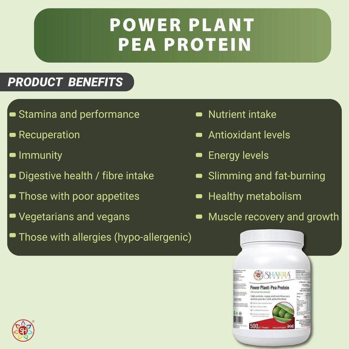 White 500g tub of Power Plant pea protein powder next to a list of health benefits on a light green background.