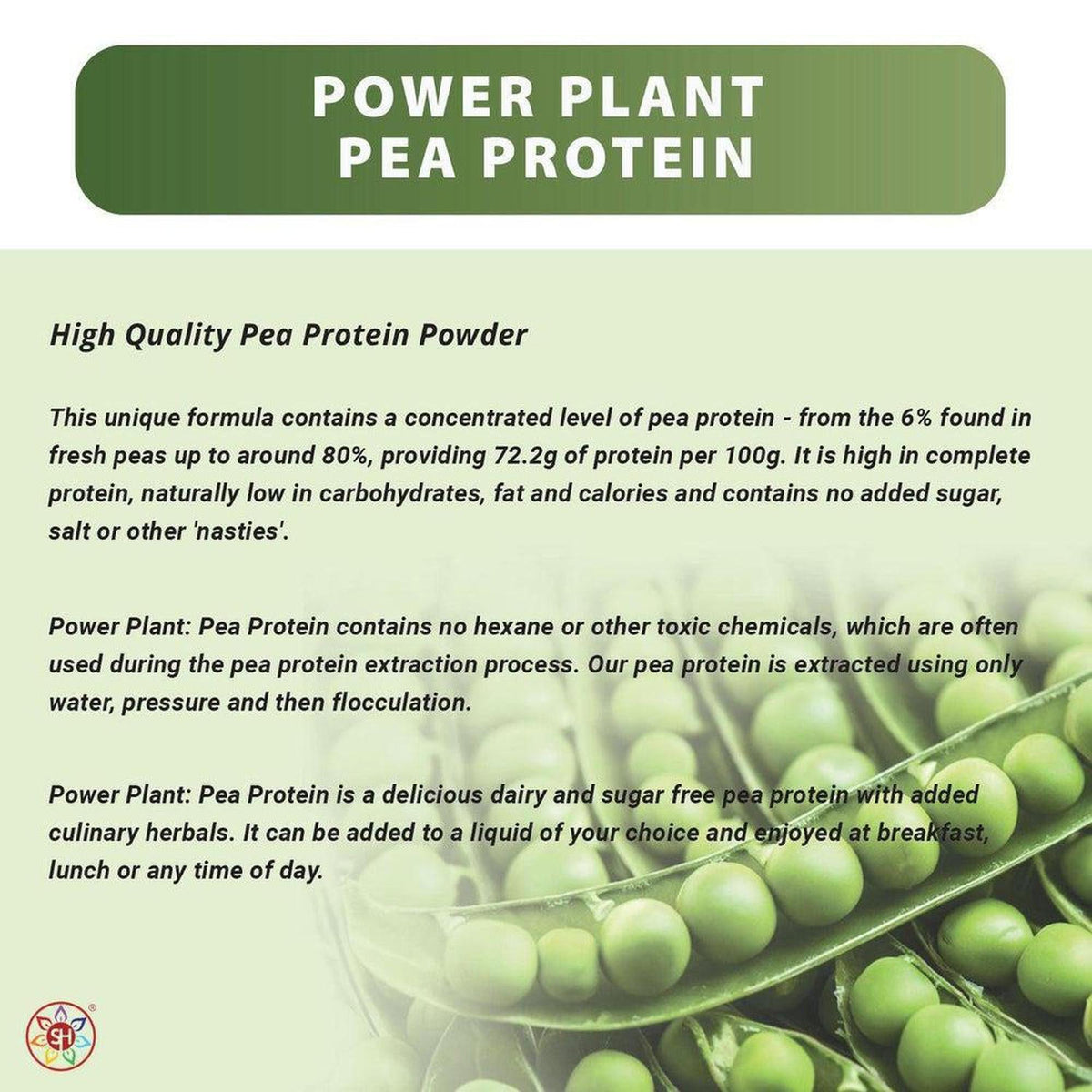 Power Plant Pea Protein product information card with green text and a background image of fresh green snap peas.