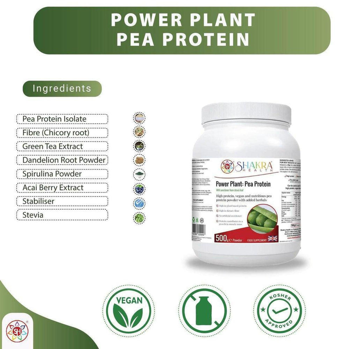 White 500g tub of Power Plant pea protein with ingredient list, vegan, and kosher icons on a clean white background.