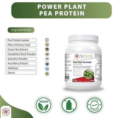 White 500g tub of Power Plant pea protein with ingredient list, vegan, and kosher icons on a clean white background.