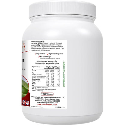 White plastic tub of Power Plant pea protein powder featuring a detailed nutritional information label.