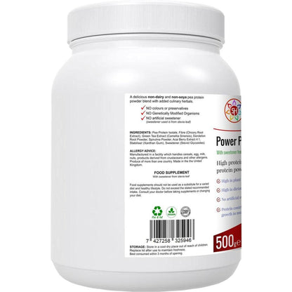 White 500g tub of Power Plant pea protein powder with a detailed ingredient label and vegan certification logo.