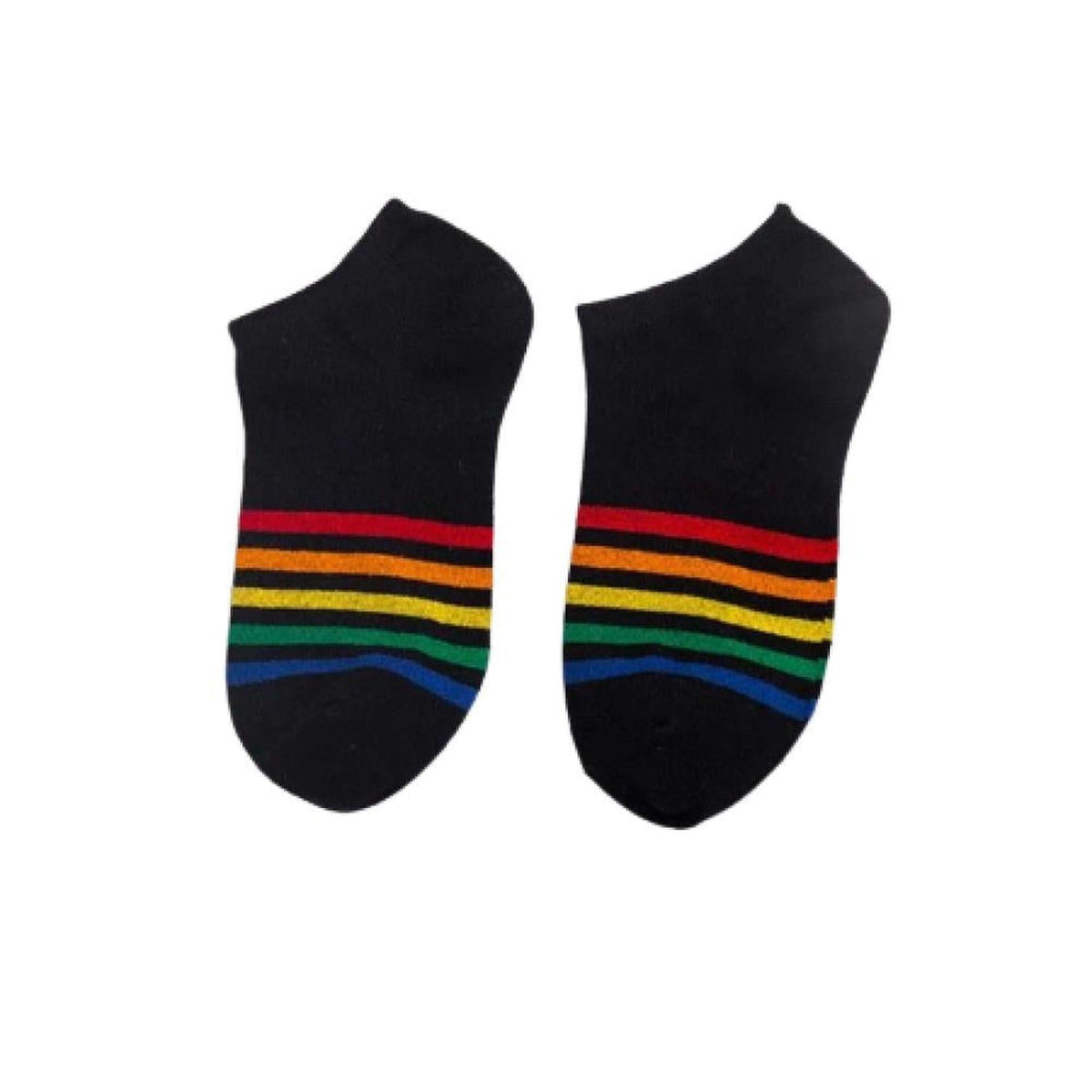 Black cotton ankle socks featuring vibrant rainbow stripes across the foot for a colorful Pride design.