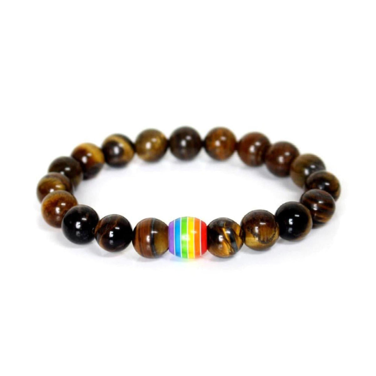 8mm natural Tiger's Eye bead bracelet featuring a central rainbow-striped resin accent bead on a white background.