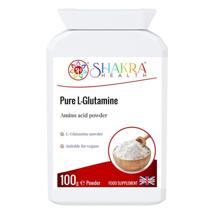 White plastic bottle of Shakra Health Pure L-Glutamine powder with a wooden scoop graphic on a red background.