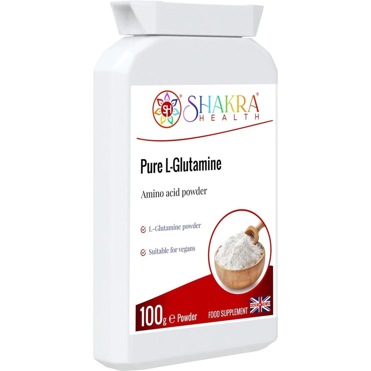 White plastic bottle of Shakra Health Pure L-Glutamine powder with a label featuring a wooden scoop of white supplement.