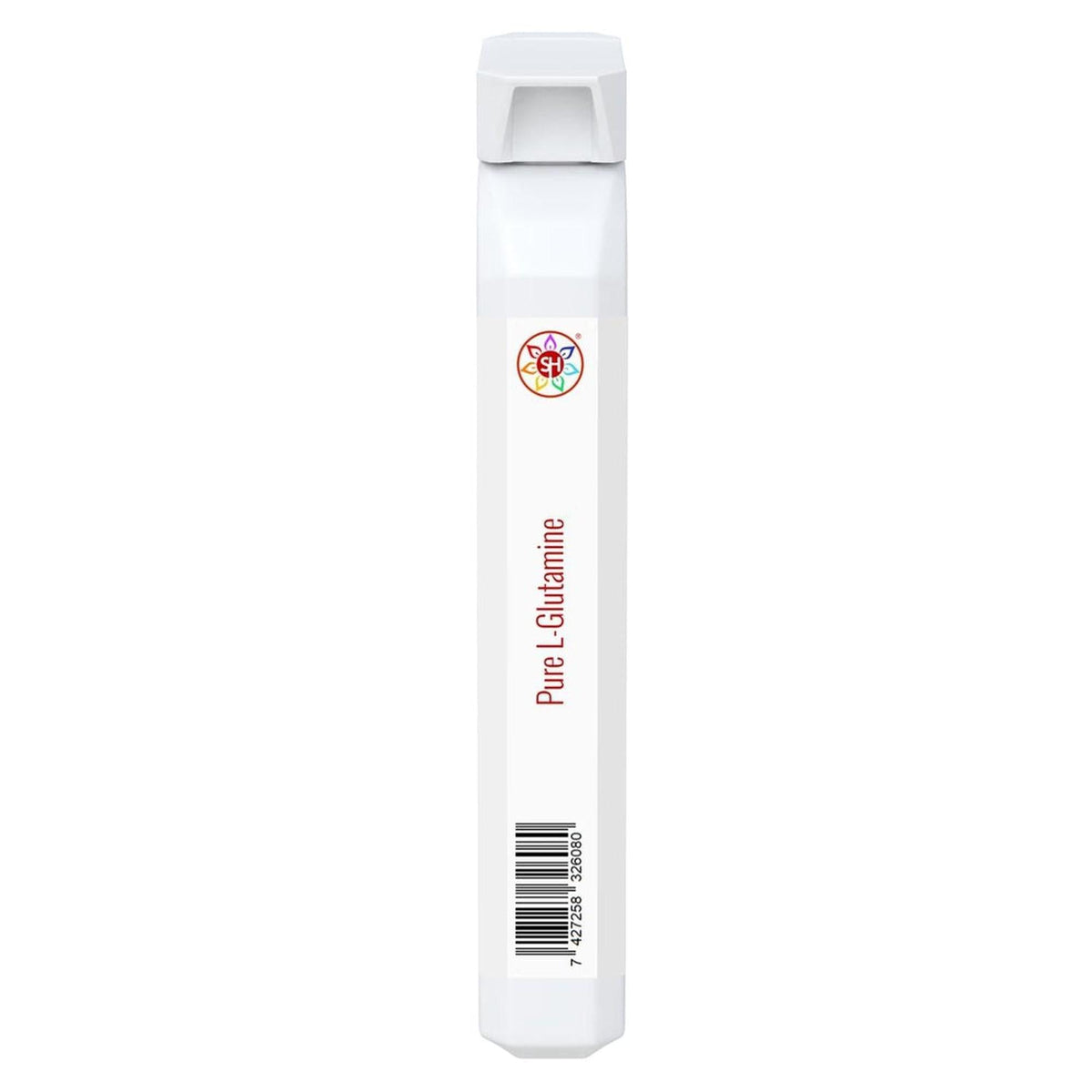 White rectangular Pure L-Glutamine supplement stick pack with a colorful logo and barcode on a clean white background.