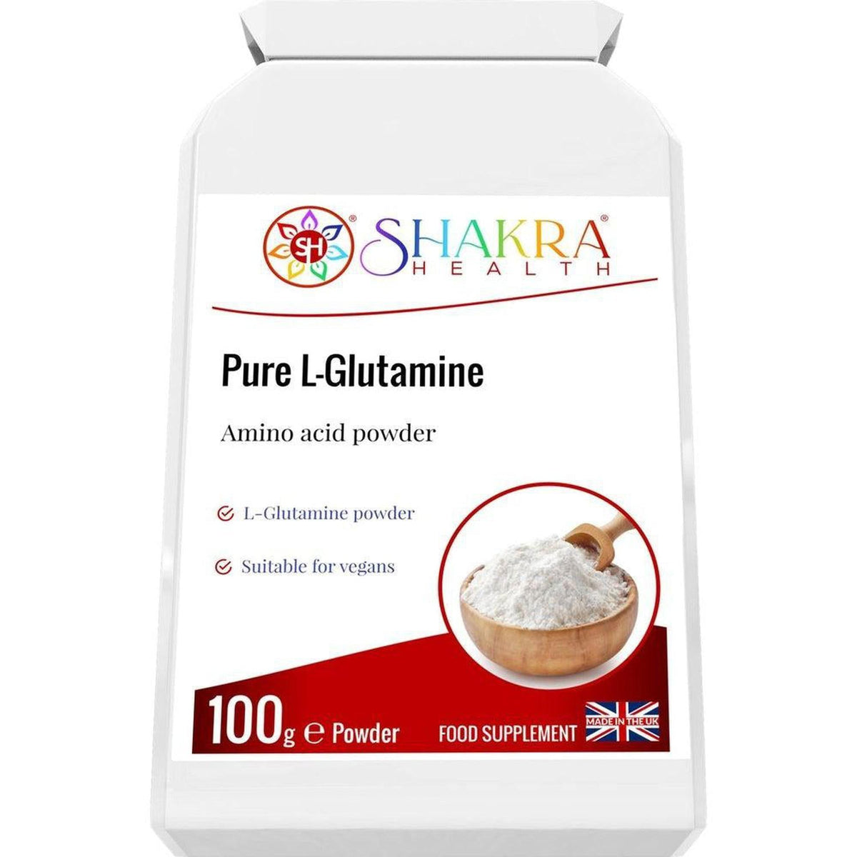 White plastic tub of Shakra Health Pure L-Glutamine powder with a small wooden scoop in a bowl of white supplement powder.