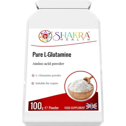 White plastic tub of Shakra Health Pure L-Glutamine powder with a small wooden scoop in a bowl of white supplement powder.