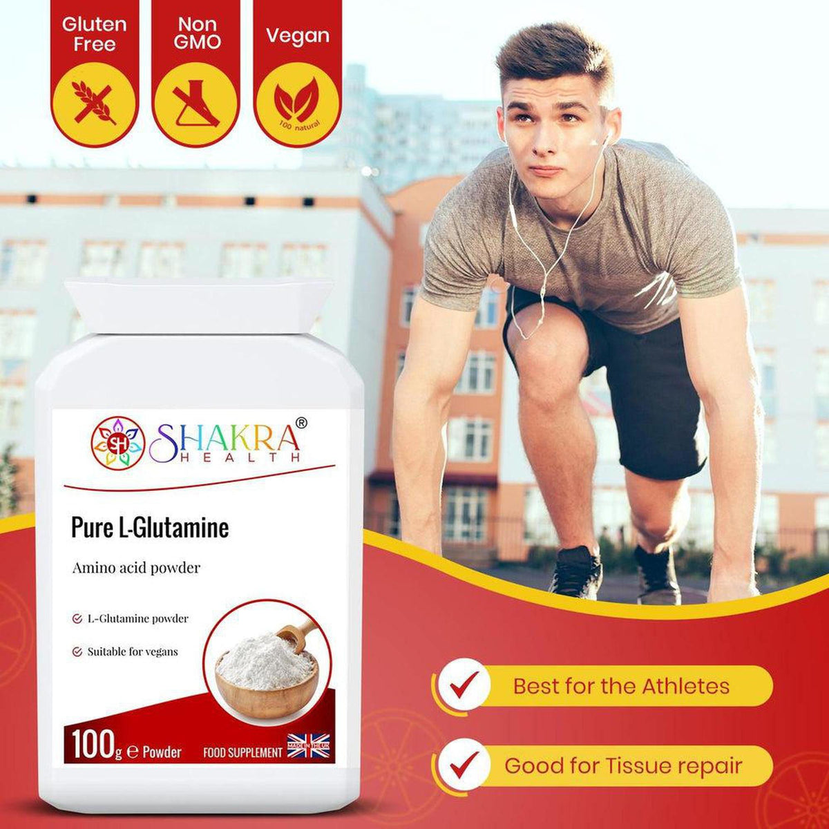 Shakra Health Pure L-Glutamine powder tub with dietary icons and an athlete training in the background.