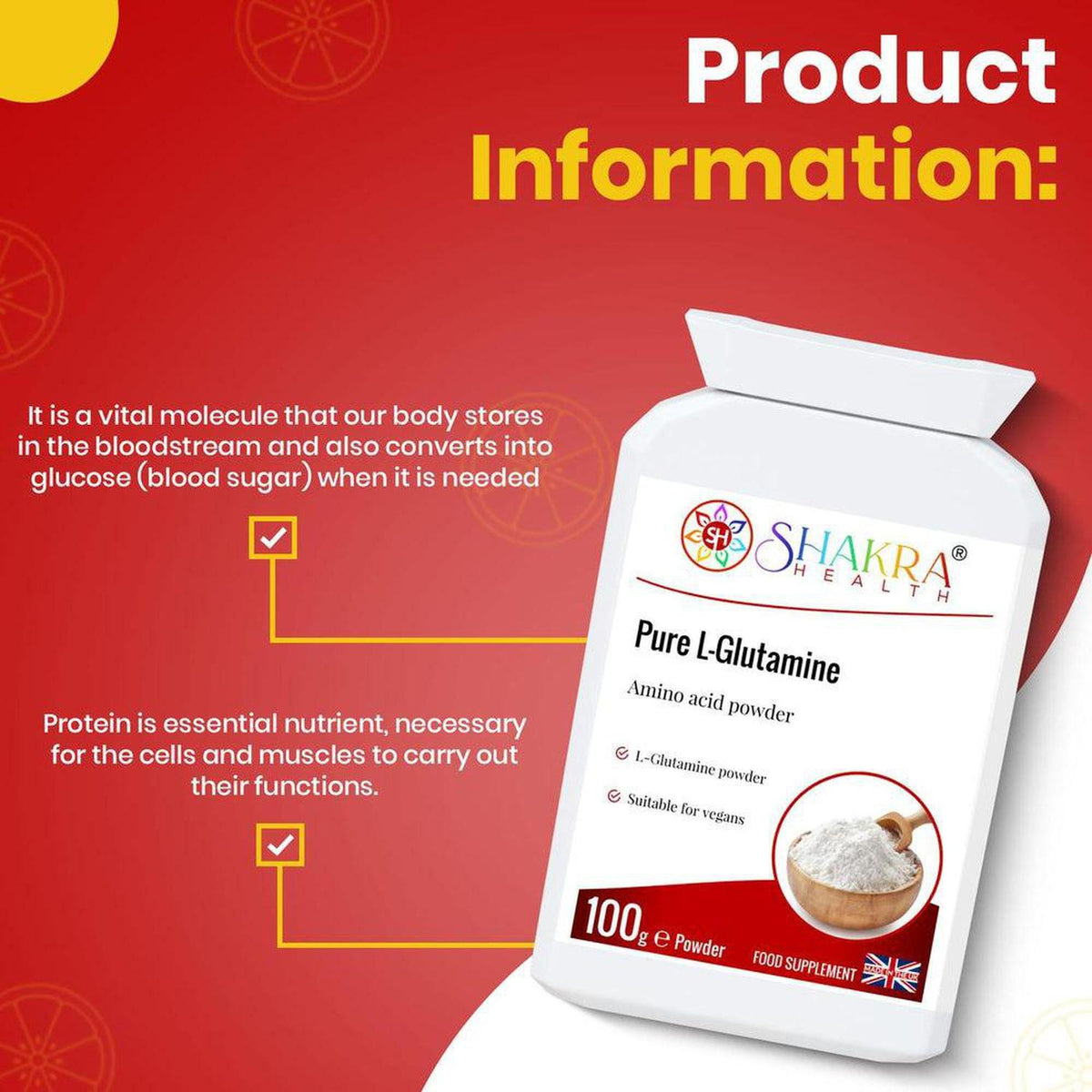White 100g tub of Shakra Health Pure L-Glutamine powder with informational text on a red background.