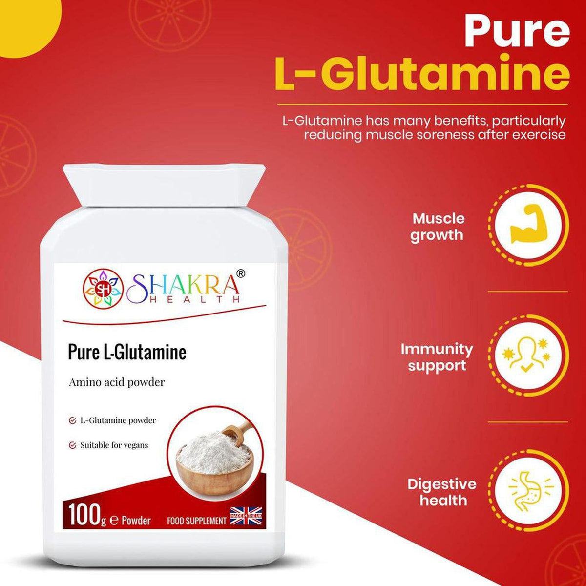 White plastic tub of Shakra Health Pure L-Glutamine powder with a red and white label on a vibrant orange background.