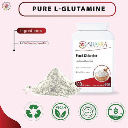 Shakra Health Pure L-Glutamine 100g powder supplement bottle with a pile of white amino acid powder on a pink background.