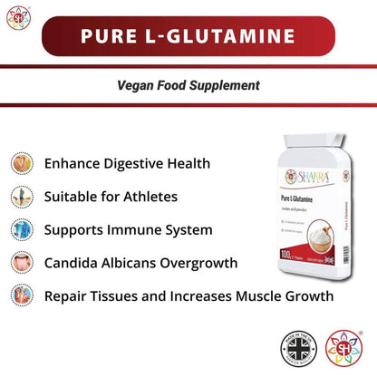 White tub of Shakra Health Pure L-Glutamine powder with a list of health benefits and icons on a white background.