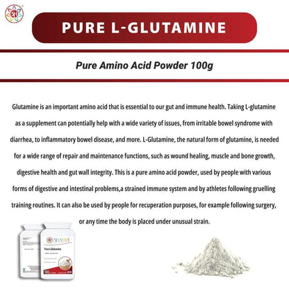 Two white tubs of Pure L-Glutamine 100g powder with a pile of fine white amino acid supplement powder on the right.