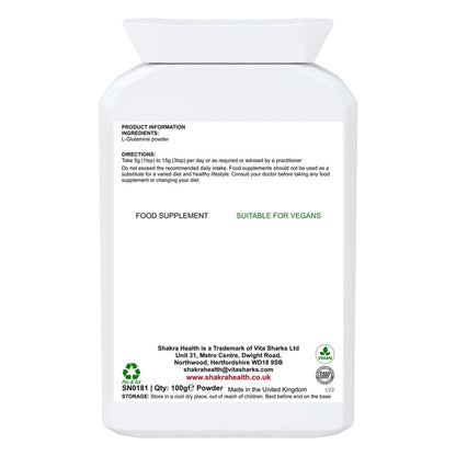 White plastic supplement bottle with a black label detailing Pure L-Glutamine ingredients, directions, and vegan status.