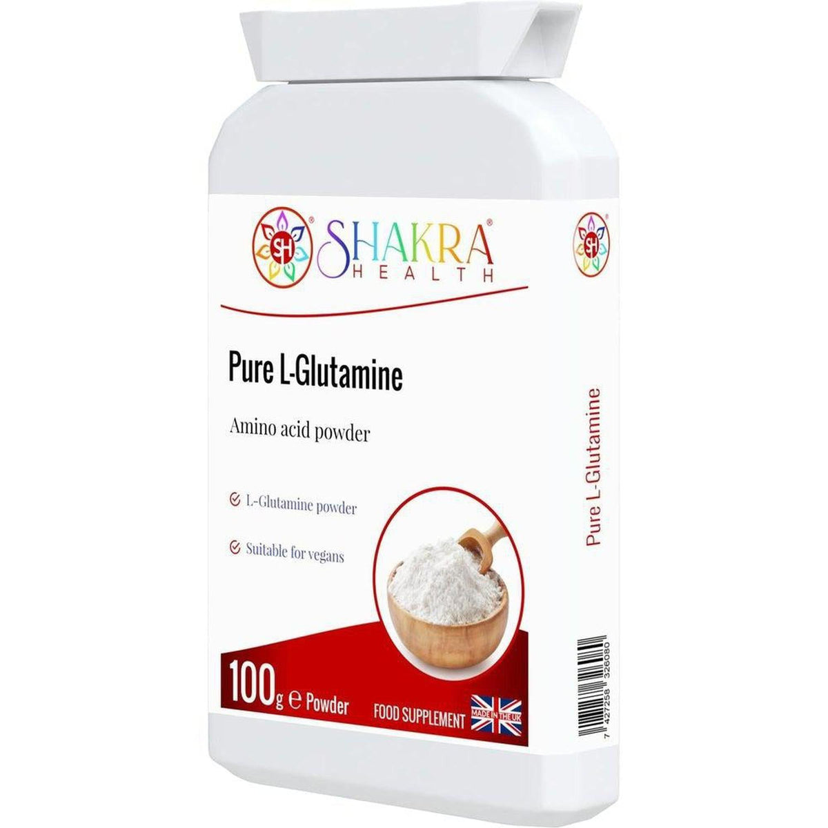White plastic bottle of Shakra Health Pure L-Glutamine powder with a red accent label and a wooden scoop of white powder.