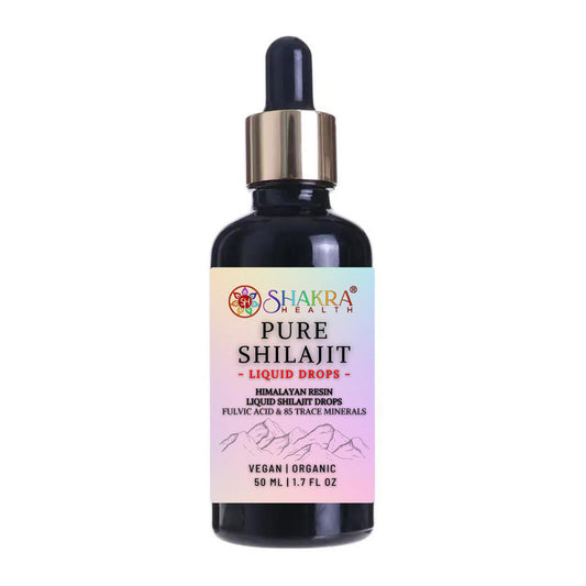 50ml bottle of Shakra Health Pure Shilajit liquid drops with a gold dropper cap and mountain-themed label.