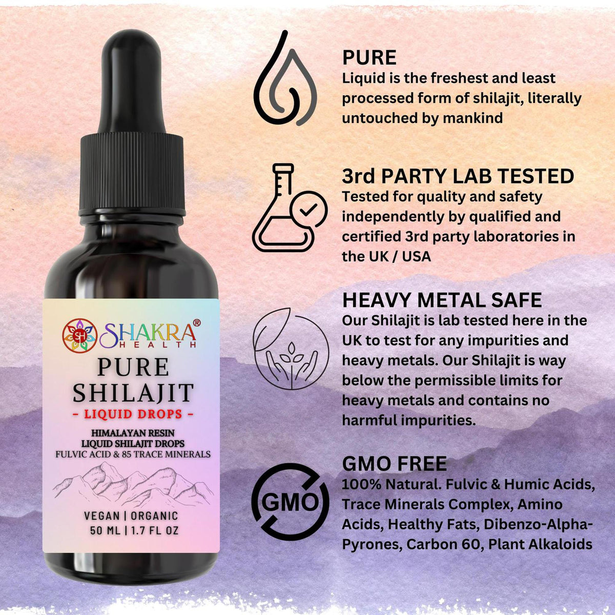 50ml bottle of Shakra Health Pure Shilajit liquid drops with a dropper cap, featuring benefit icons on a watercolor background.