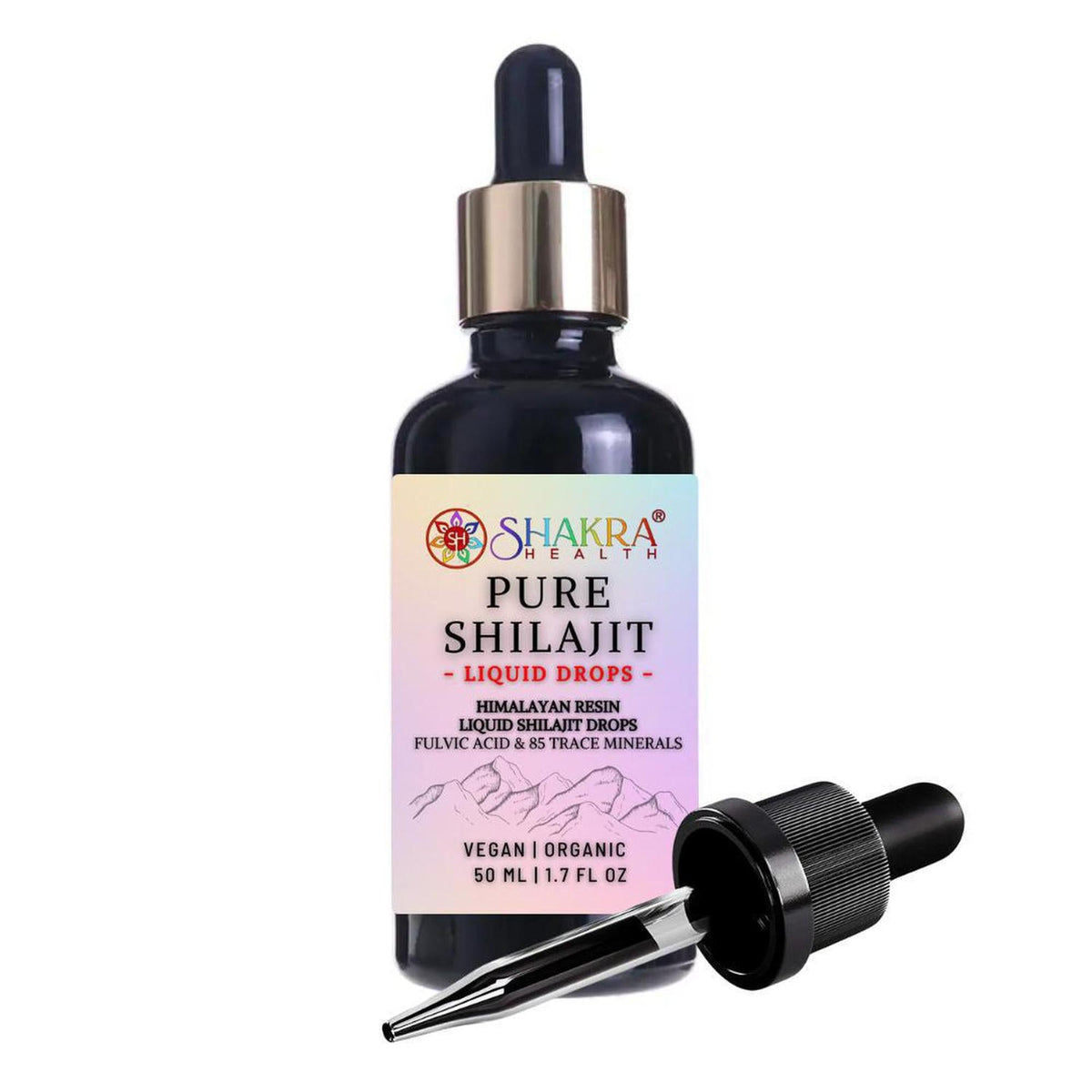 50ml amber glass bottle of Shakra Health Pure Shilajit liquid drops with a dropper cap and mountain-themed label.