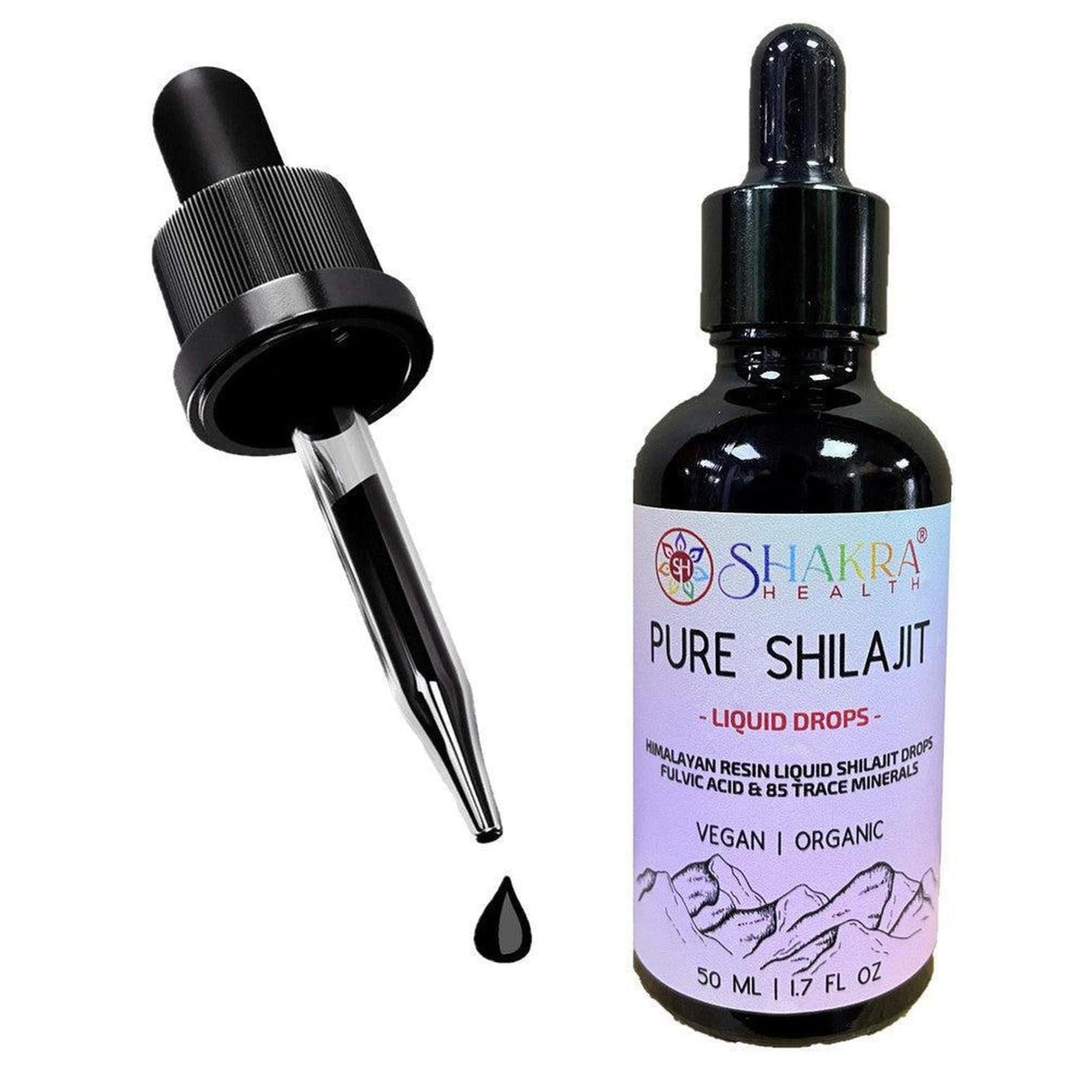 50ml bottle of Shakra Health Pure Shilajit liquid drops with a black glass dropper and mountain-themed label.