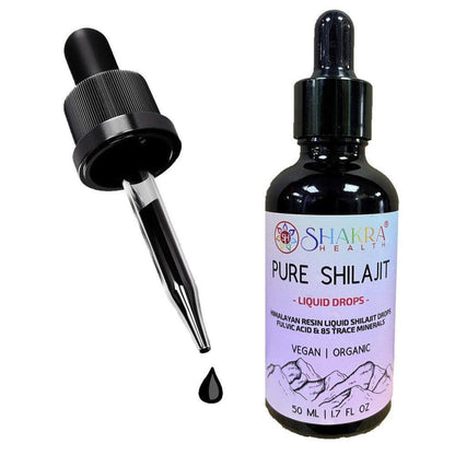 50ml bottle of Shakra Health Pure Shilajit liquid drops with a black glass dropper and mountain-themed label.