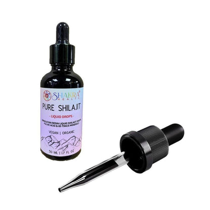 50ml bottle of Shakra Health Pure Shilajit liquid drops with a black glass dropper on a white background.