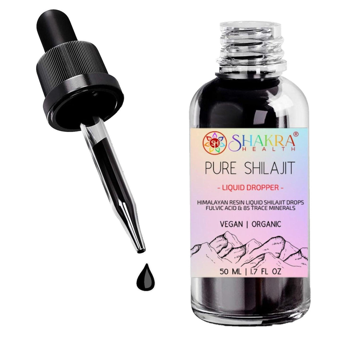 50ml bottle of Shakra Health Pure Shilajit liquid drops with a black glass dropper and mountain-themed label.