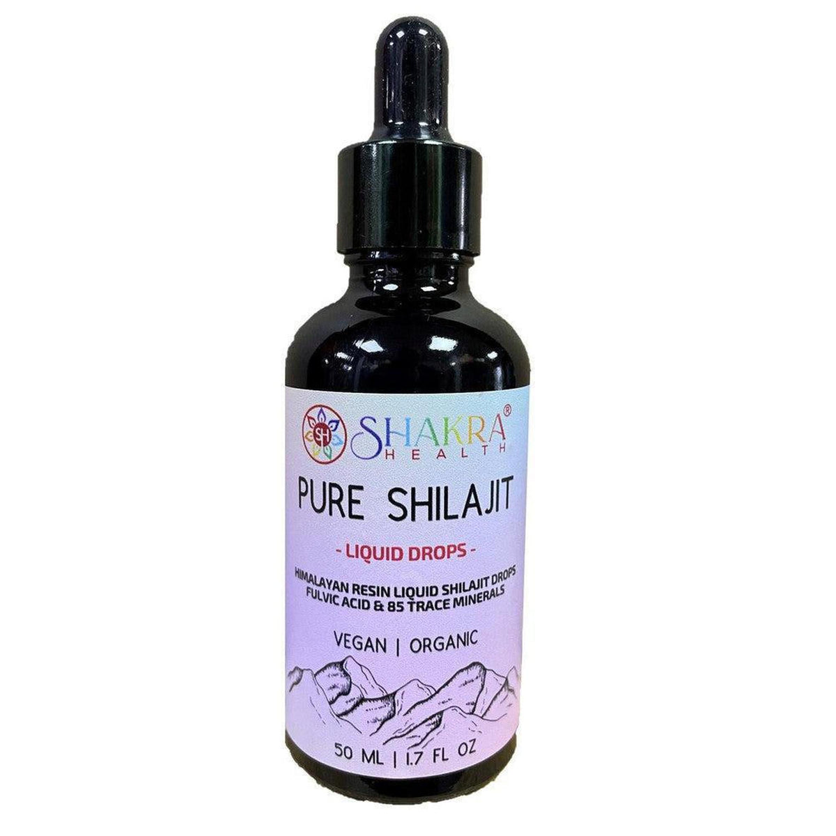 50ml bottle of Shakra Health Pure Shilajit liquid drops with a black dropper cap and mountain-themed label.