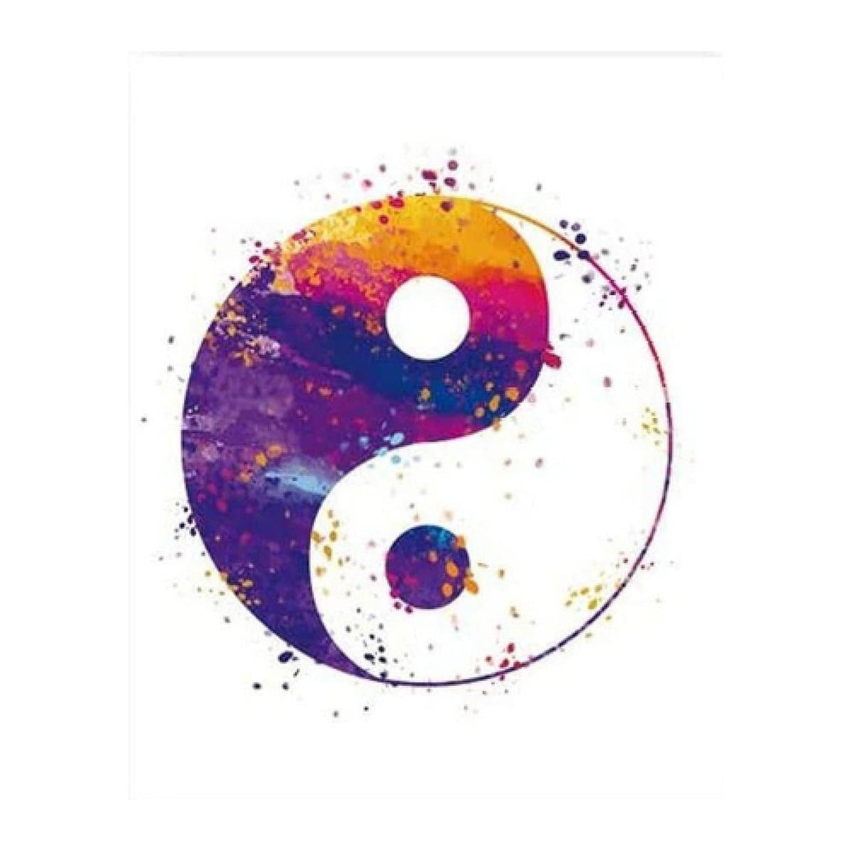 Abstract Yin Yang canvas art with purple and orange watercolor splatter on a white background.