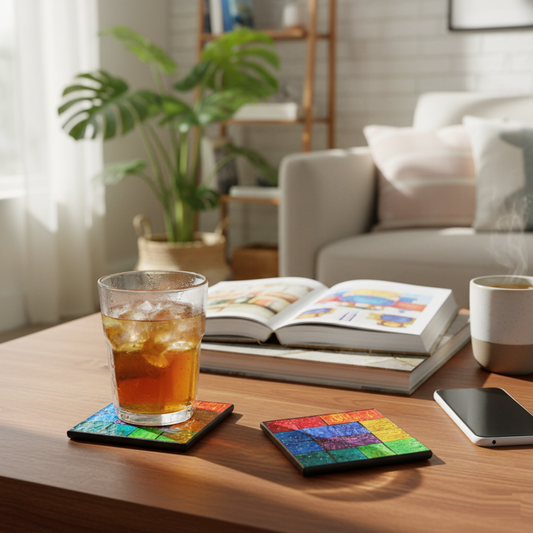 Handcrafted square mosaic coasters featuring vibrant, multicolored glass tiles on a wooden coffee table.