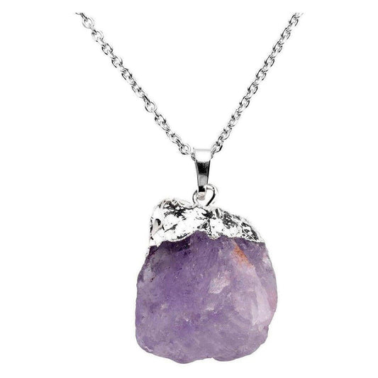 Raw purple amethyst crystal pendant with a silver cap on a delicate silver chain.