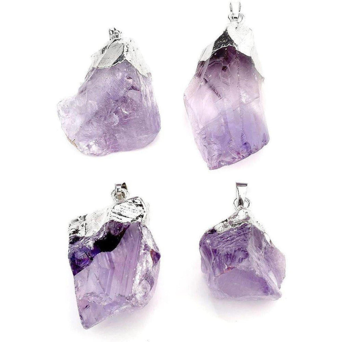 Four raw, irregular purple amethyst crystal pendants with silver-toned metal caps on a white background.