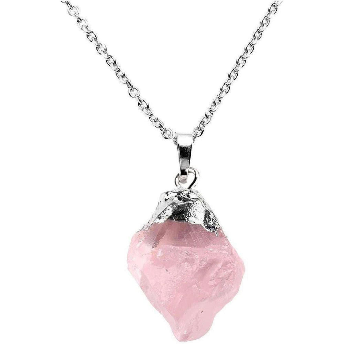 Raw rose quartz crystal pendant on a silver chain, featuring a natural, irregular pink stone with a metallic silver cap.