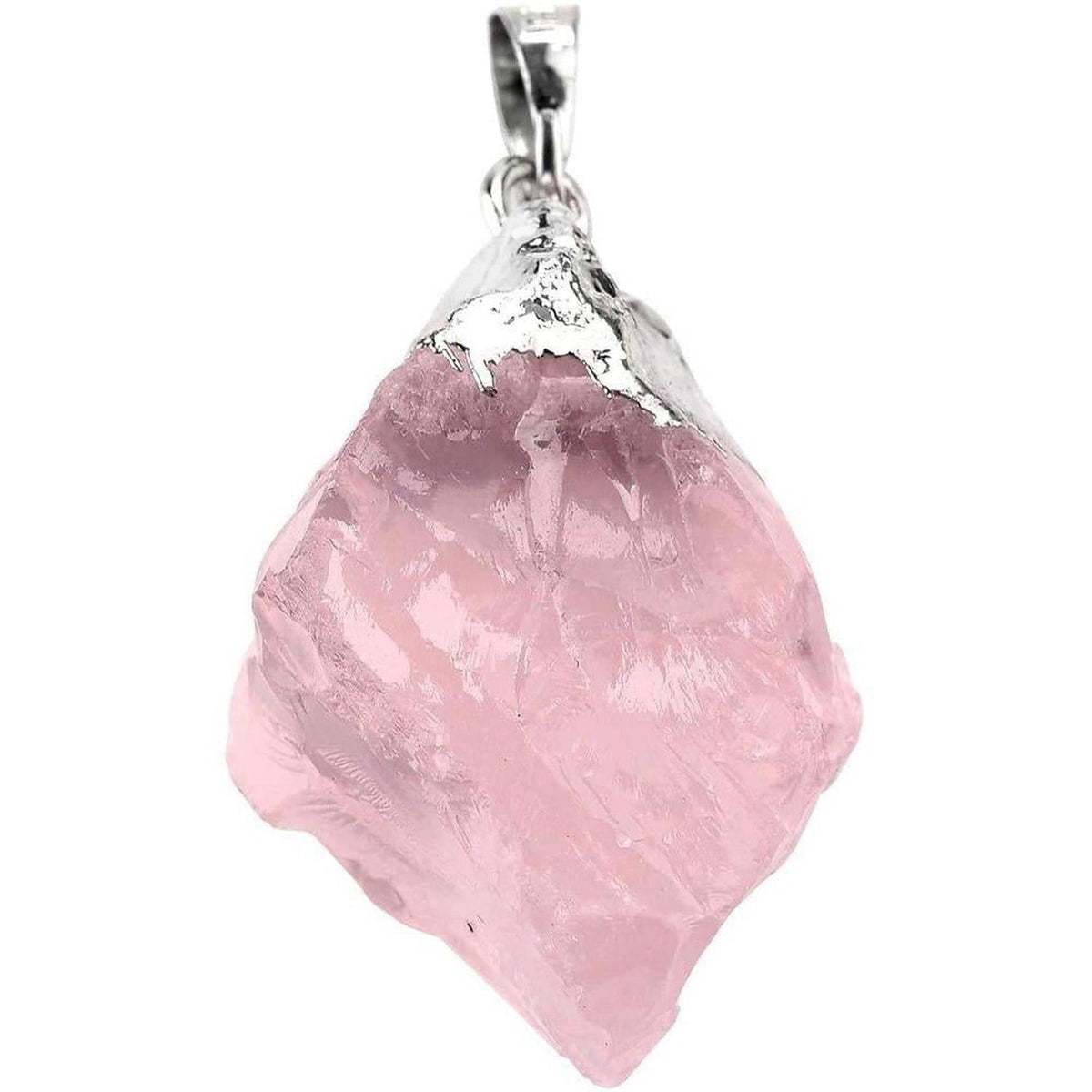 Raw rose quartz crystal pendant with a silver-toned bail on a white background.