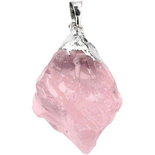 Raw rose quartz crystal pendant with a silver-toned bail on a white background.
