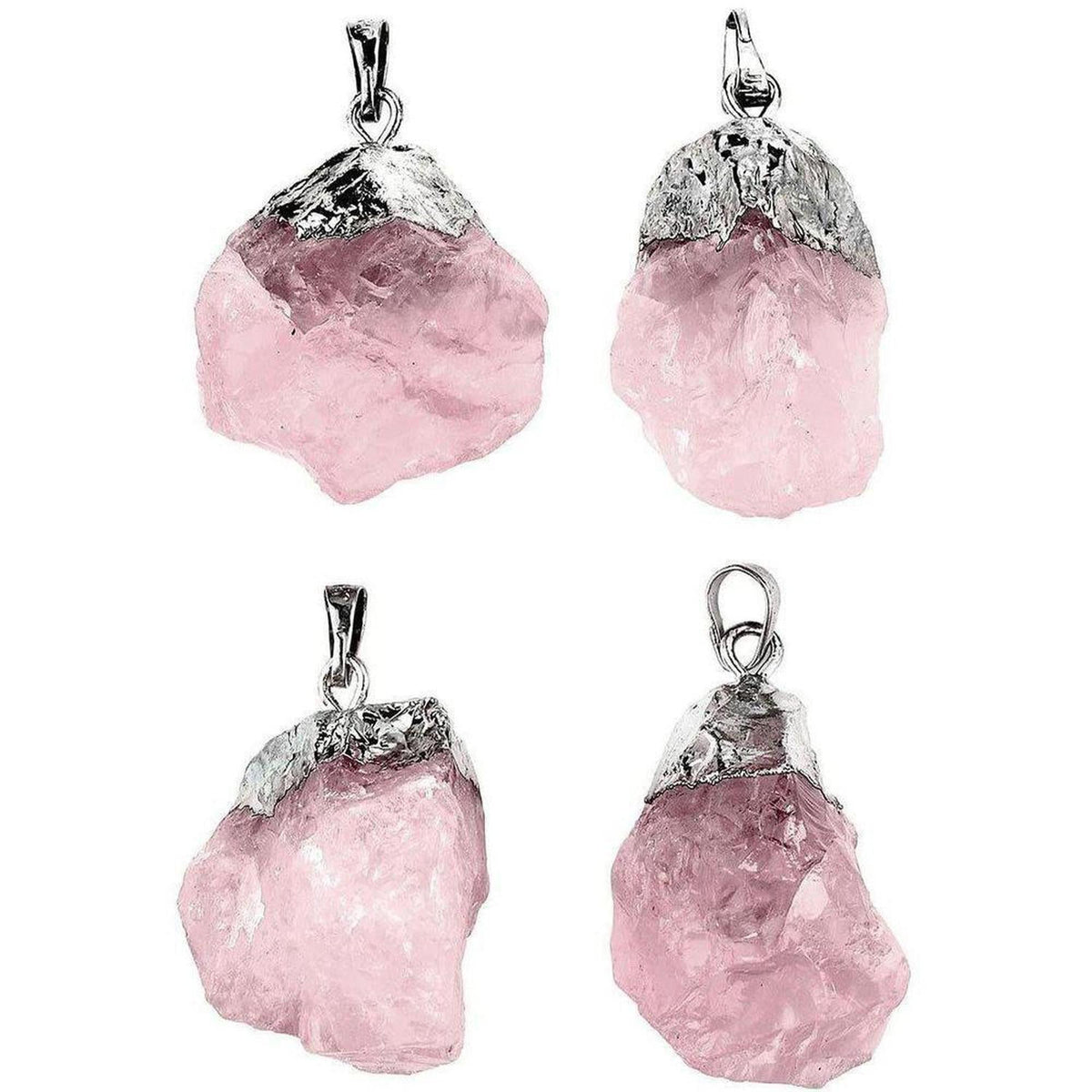 Four raw, irregular rose quartz crystal pendants with silver-toned metal caps against a white background.