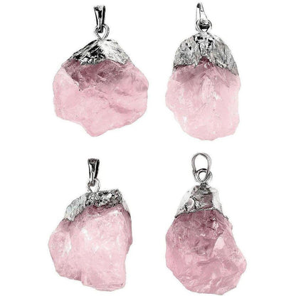 Four raw, irregular rose quartz crystal pendants with silver-toned metal caps against a white background.