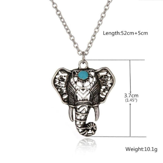 Antique silver elephant pendant necklace with a blue stone inlay, featuring 3.7cm charm size and 52cm chain length.