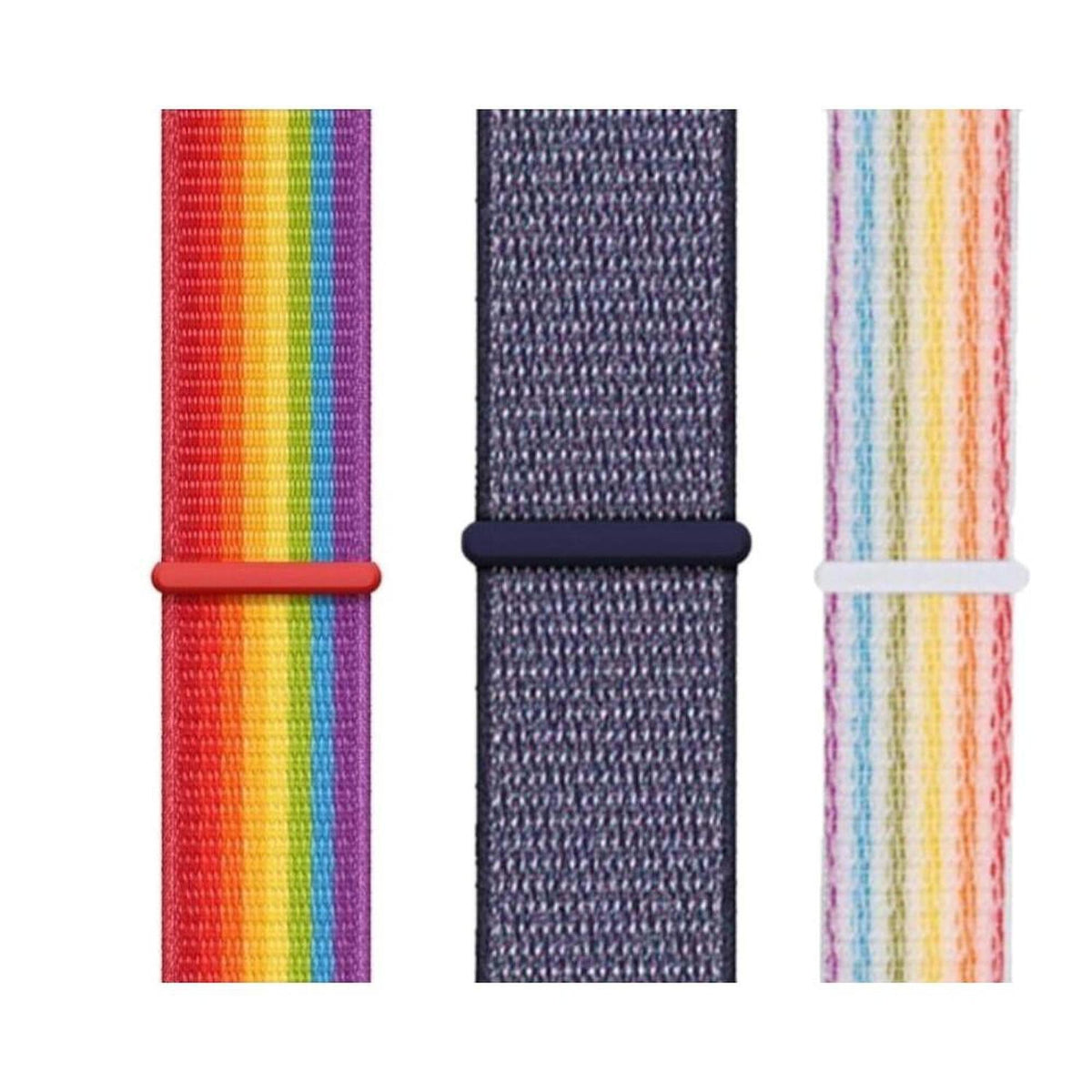 Three adjustable nylon loop straps for Apple Watch in rainbow, dark blue, and pastel striped patterns.
