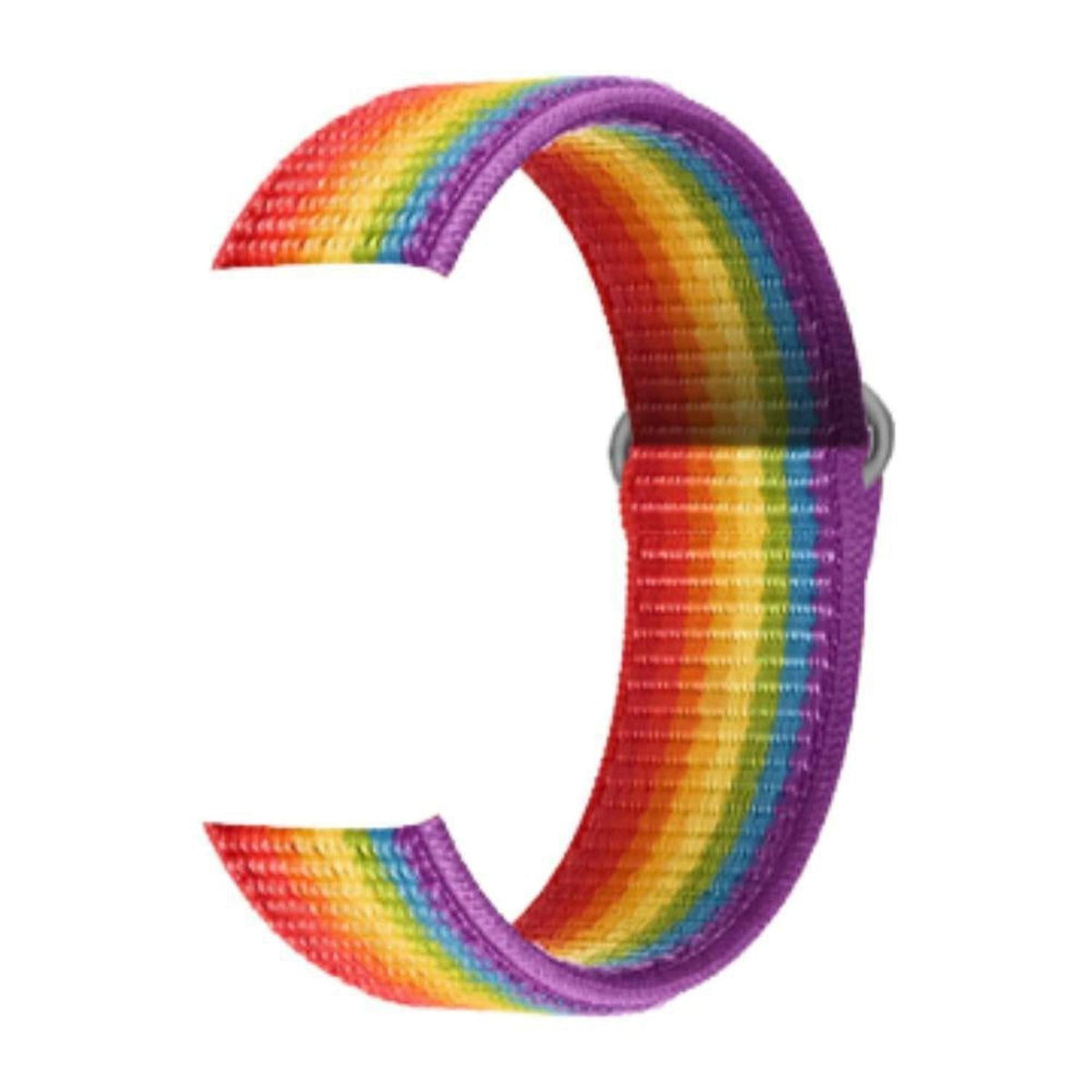 Rainbow nylon loop strap for Apple Watch with a soft, adjustable woven design and a secure metal buckle.