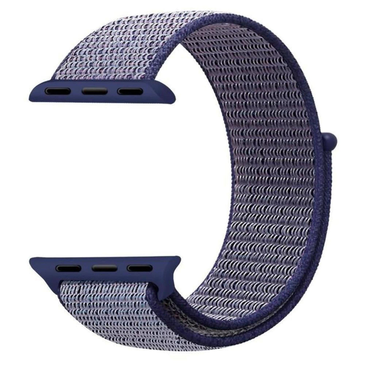 Adjustable purple nylon loop strap for Apple Watch with a breathable, textured weave and secure attachment lugs.