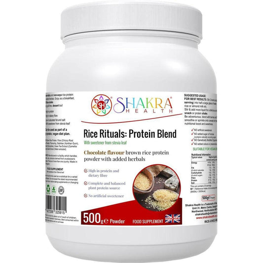 White 500g tub of Shakra Health Rice Rituals chocolate protein powder with a red and white label.