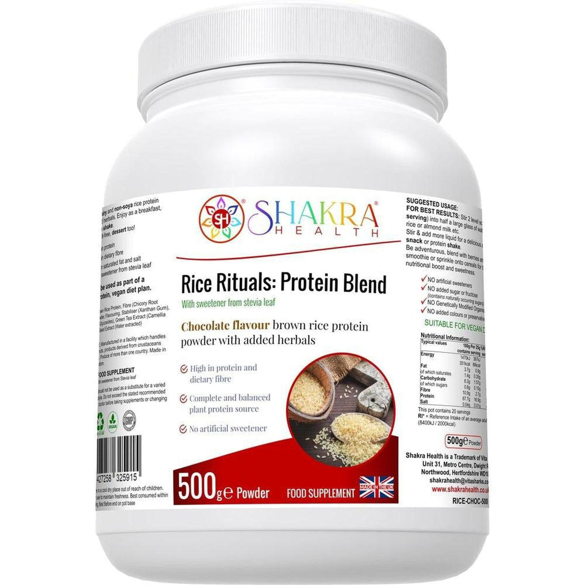 White 500g tub of Shakra Health Rice Rituals chocolate brown rice protein powder with a red and white label.