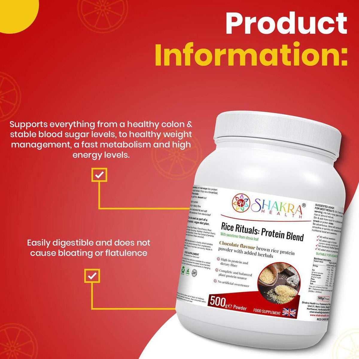 Shakra Health Rice Rituals protein powder bag with nutritional facts and benefits listed on a red background.