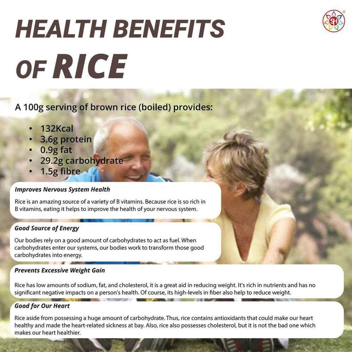 Infographic detailing the health benefits of brown rice with nutritional facts and an image of an active senior couple.