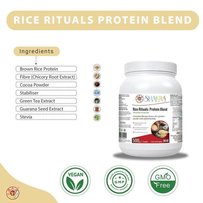 500g tub of Rice Rituals chocolate brown rice protein powder with an ingredient list and vegan, GMP, and GMO-free icons.