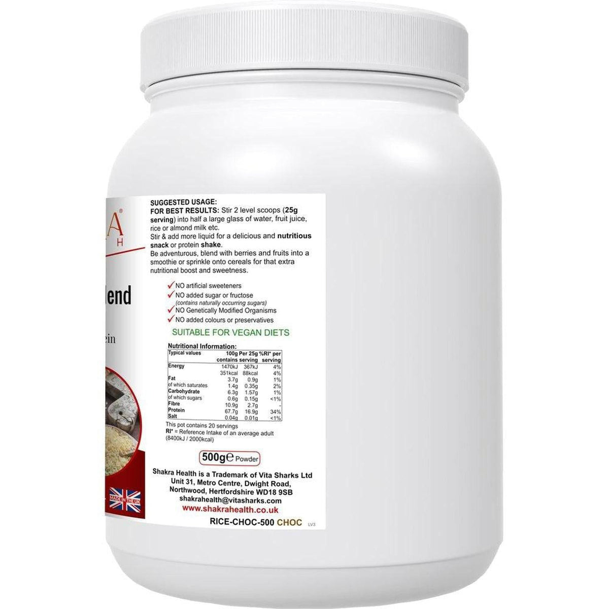 White plastic tub of Rice Rituals protein powder with a detailed nutritional information label on the front.